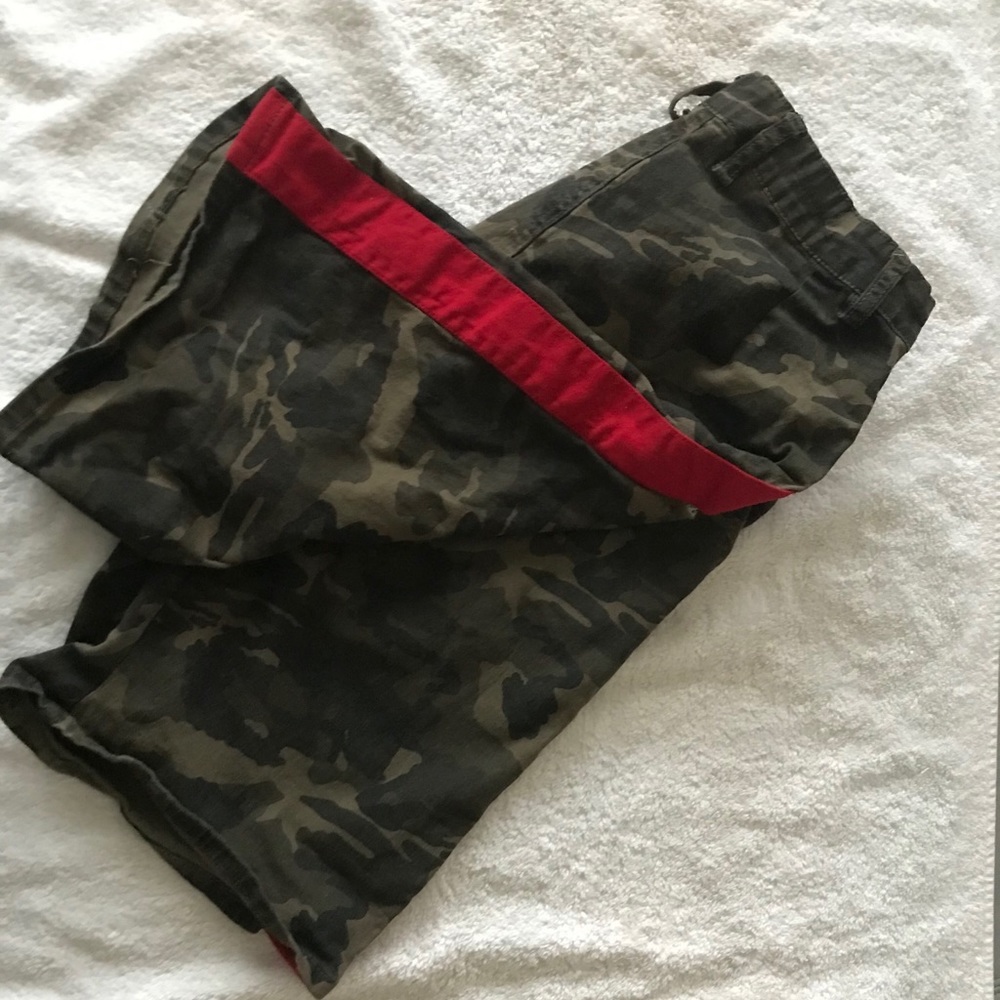 Fashion Nova Camo Jean Shorts with Red Stripe